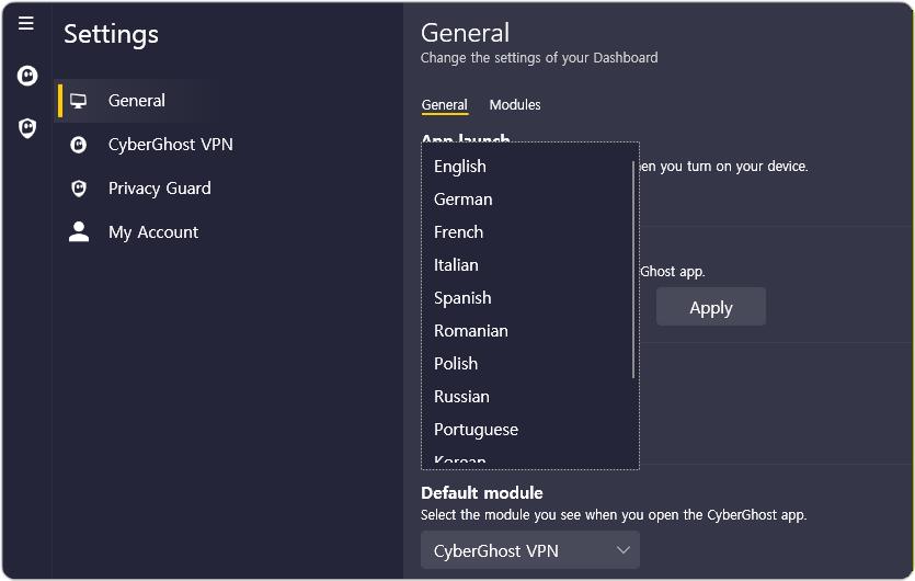 CyberGhost settings